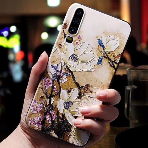 Huawei P30用シリコンケース ソフトタッチラバー 花 カバー ファーウェイ イエロー