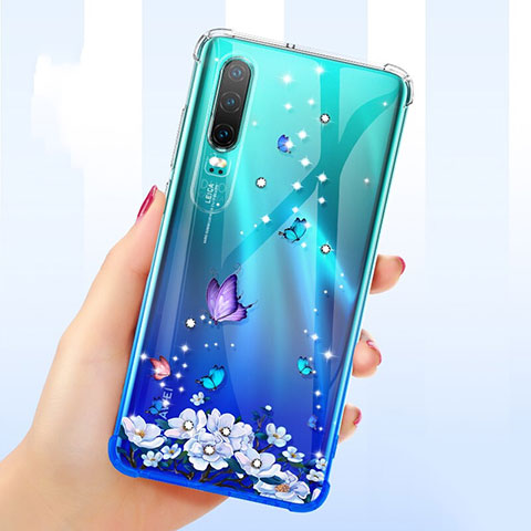 Huawei P30用極薄ソフトケース シリコンケース 耐衝撃 全面保護 クリア透明 花 ファーウェイ パープル