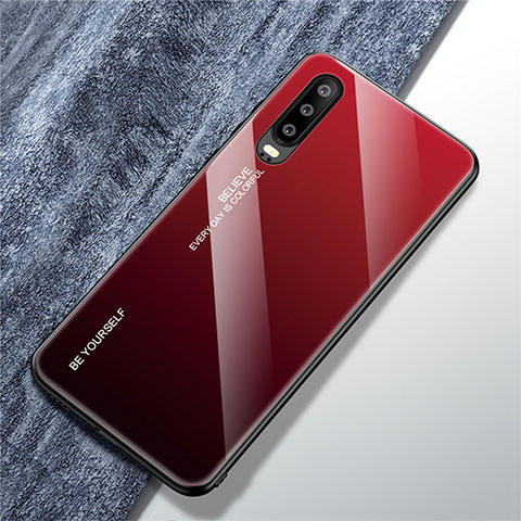 Huawei P30用ハイブリットバンパーケース プラスチック 鏡面 虹 グラデーション 勾配色 カバー M01 ファーウェイ レッド