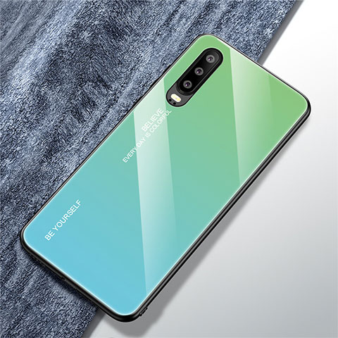 Huawei P30用ハイブリットバンパーケース プラスチック 鏡面 虹 グラデーション 勾配色 カバー M01 ファーウェイ グリーン