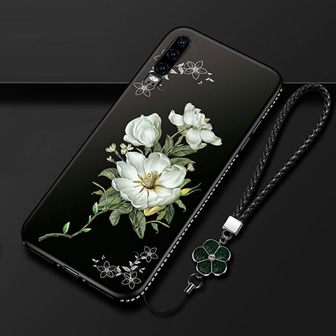 Huawei P30用シリコンケース ソフトタッチラバー 花 カバー K01 ファーウェイ ブラック