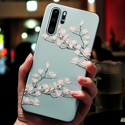 Huawei P30 Pro New Edition用シリコンケース ソフトタッチラバー 花 ファーウェイ シアン