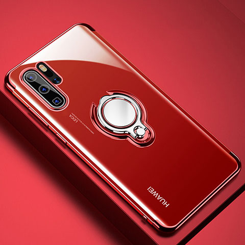 Huawei P30 Pro New Edition用極薄ソフトケース シリコンケース 耐衝撃 全面保護 クリア透明 アンド指輪 マグネット式 C01 ファーウェイ レッド