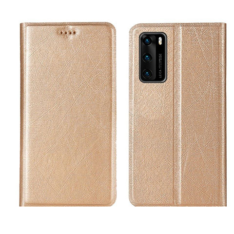 Huawei P40用手帳型 レザーケース スタンド カバー T02 ファーウェイ ゴールド