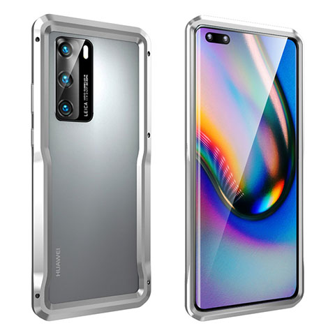 Huawei P40用ケース 高級感 手触り良い アルミメタル 製の金属製 バンパー カバー T02 ファーウェイ シルバー