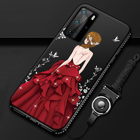 Huawei P40 Pro用シリコンケース ソフトタッチラバー バタフライ ドレスガール ドレス少女 カバー ファーウェイ レッド・ブラック