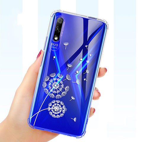 Huawei Y9 Prime (2019)用極薄ソフトケース シリコンケース 耐衝撃 全面保護 クリア透明 花 ファーウェイ ネイビー