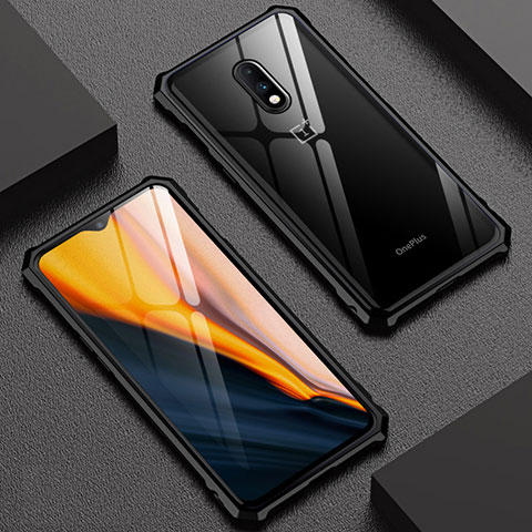 OnePlus 7用ケース 高級感 手触り良い アルミメタル 製の金属製 バンパー 鏡面 カバー OnePlus ブラック