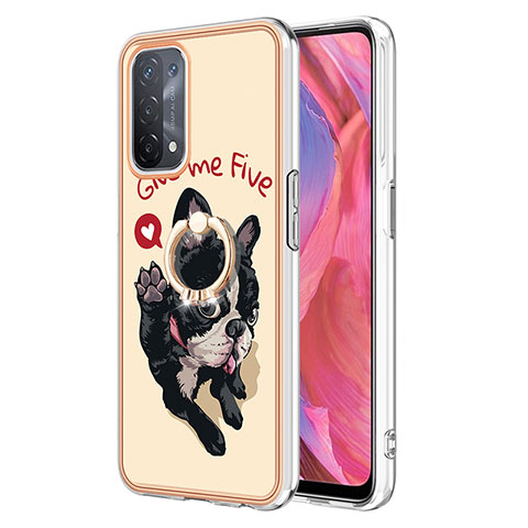 Oppo A74 5G用シリコンケース ソフトタッチラバー バタフライ パターン カバー アンド指輪 YB2 Oppo カーキ色