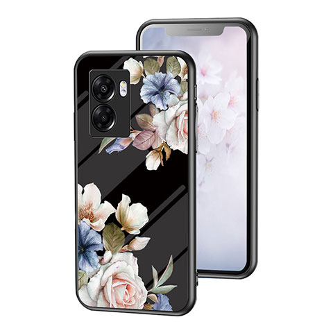 Oppo A77 5G用ハイブリットバンパーケース プラスチック 鏡面 花 カバー Oppo ブラック