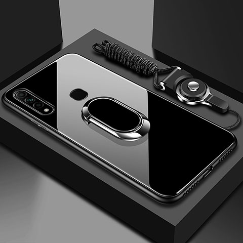 Oppo A8用ハイブリットバンパーケース プラスチック 鏡面 カバー アンド指輪 マグネット式 Oppo ブラック