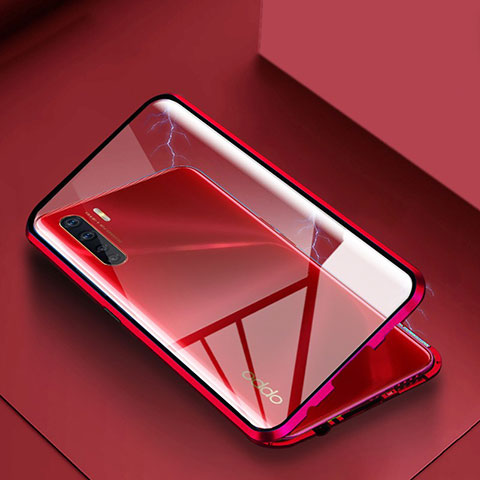 Oppo A91用ケース 高級感 手触り良い アルミメタル 製の金属製 360度 フルカバーバンパー 鏡面 カバー Oppo レッド