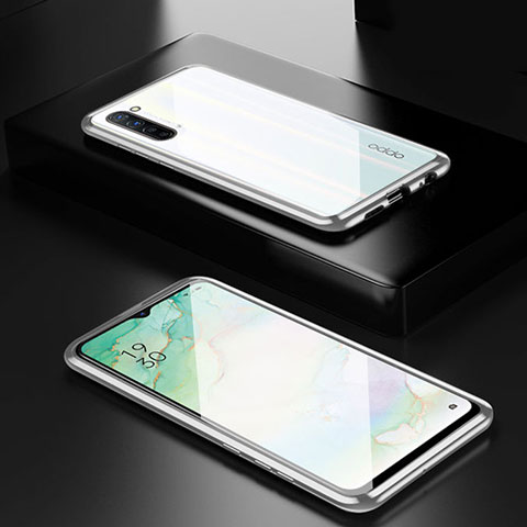 Oppo F15用ケース 高級感 手触り良い アルミメタル 製の金属製 360度 フルカバーバンパー 鏡面 カバー M03 Oppo シルバー