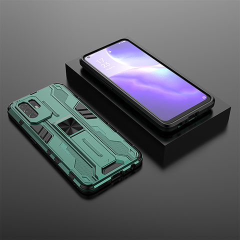 Oppo F19 Pro+ Plus 5G用ハイブリットバンパーケース スタンド プラスチック 兼シリコーン カバー マグネット式 T02 Oppo グリーン