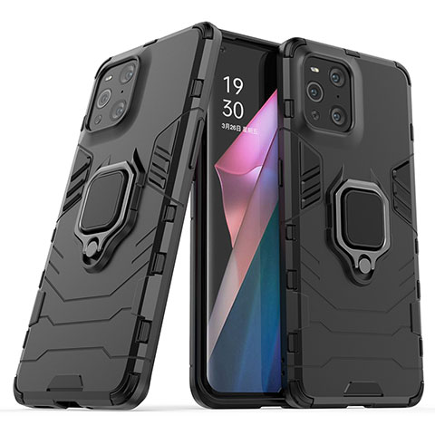 Oppo Find X3 5G用ハイブリットバンパーケース プラスチック アンド指輪 マグネット式 S01 Oppo ブラック