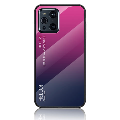 Oppo Find X3 5G用ハイブリットバンパーケース プラスチック 鏡面 虹 グラデーション 勾配色 カバー LS1 Oppo ローズレッド