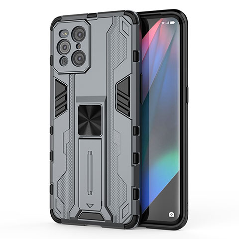 Oppo Find X3 5G用ハイブリットバンパーケース スタンド プラスチック 兼シリコーン カバー マグネット式 Oppo グレー