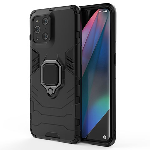 Oppo Find X3 Pro 5G用ハイブリットバンパーケース プラスチック アンド指輪 マグネット式 Oppo ブラック