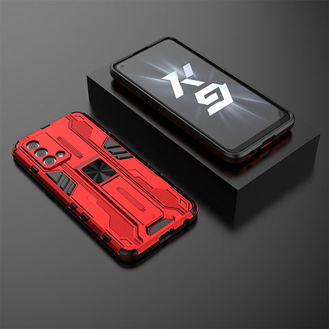 Oppo K9 5G用ハイブリットバンパーケース スタンド プラスチック 兼シリコーン カバー マグネット式 T02 Oppo レッド