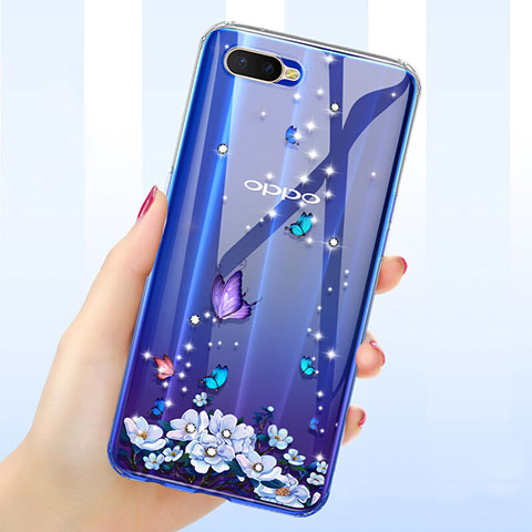 Oppo R17 Neo用極薄ソフトケース シリコンケース 耐衝撃 全面保護 クリア透明 花 Oppo パープル