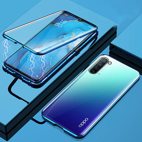 Oppo Reno3用ケース 高級感 手触り良い アルミメタル 製の金属製 360度 フルカバーバンパー 鏡面 カバー M02 Oppo ネイビー