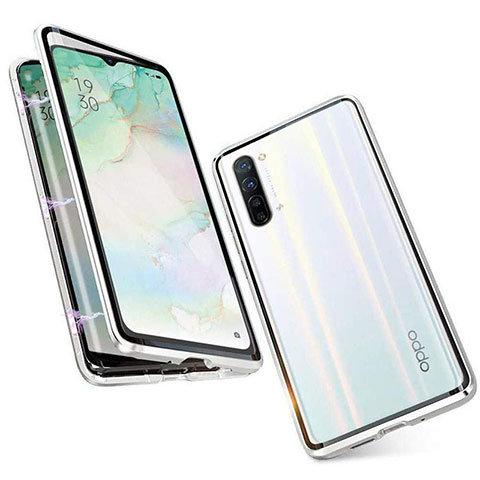 Oppo Reno3用ケース 高級感 手触り良い アルミメタル 製の金属製 360度 フルカバーバンパー 鏡面 カバー M05 Oppo シルバー