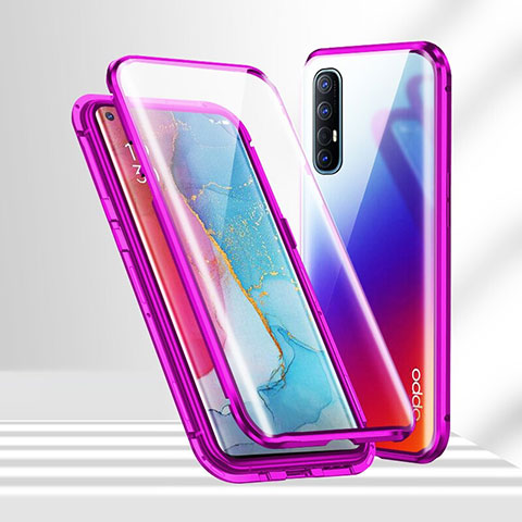 Oppo Reno3 Pro用ケース 高級感 手触り良い アルミメタル 製の金属製 360度 フルカバーバンパー 鏡面 カバー T02 Oppo パープル