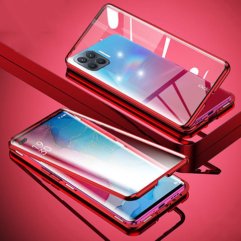 Oppo Reno4 F用ケース 高級感 手触り良い アルミメタル 製の金属製 360度 フルカバーバンパー 鏡面 カバー Oppo レッド