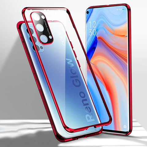 Oppo Reno4 Pro 5G用ケース 高級感 手触り良い アルミメタル 製の金属製 360度 フルカバーバンパー 鏡面 カバー Oppo レッド