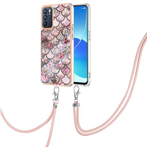 Oppo Reno6 5G用シリコンケース ソフトタッチラバー バタフライ パターン カバー 携帯ストラップ Y03B Oppo ブラウン