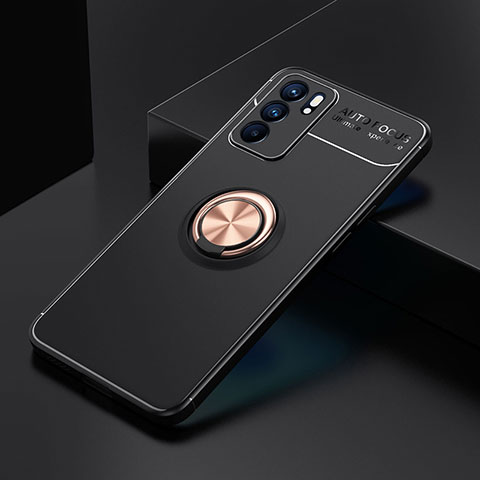 Oppo Reno6 5G用極薄ソフトケース シリコンケース 耐衝撃 全面保護 アンド指輪 マグネット式 バンパー JM2 Oppo ゴールド・ブラック