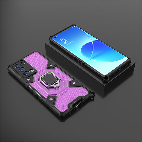 Oppo Reno6 Pro 5G用ハイブリットバンパーケース プラスチック アンド指輪 マグネット式 S07 Oppo パープル