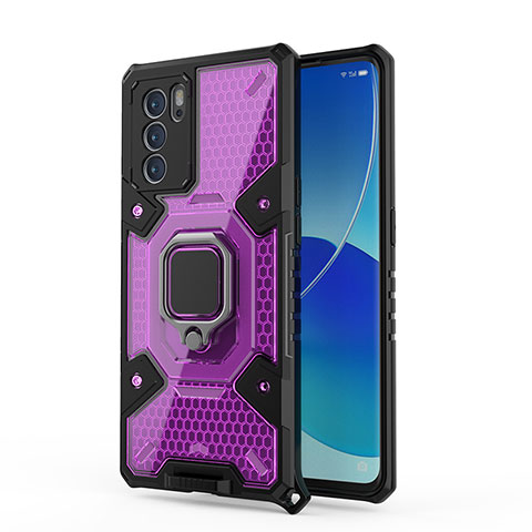 Oppo Reno6 Pro 5G India用ハイブリットバンパーケース プラスチック アンド指輪 マグネット式 S04 Oppo パープル