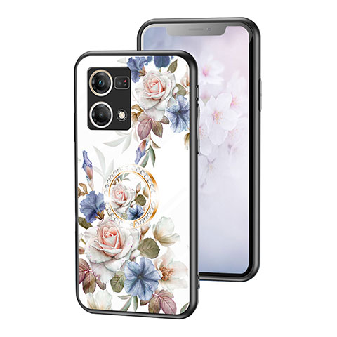 Oppo Reno8 4G用ハイブリットバンパーケース プラスチック 鏡面 花 カバー S01 Oppo ホワイト