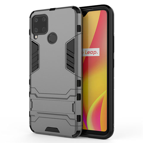 Realme C15用ハイブリットバンパーケース スタンド プラスチック 兼シリコーン カバー A01 Realme グレー