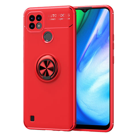 Realme C21用極薄ソフトケース シリコンケース 耐衝撃 全面保護 アンド指輪 マグネット式 バンパー SD2 Realme レッド