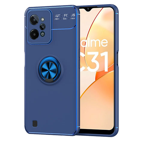 Realme C31用極薄ソフトケース シリコンケース 耐衝撃 全面保護 アンド指輪 マグネット式 バンパー SD2 Realme ネイビー