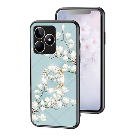 Realme C51用ハイブリットバンパーケース プラスチック 鏡面 花 カバー S01 Realme シアン