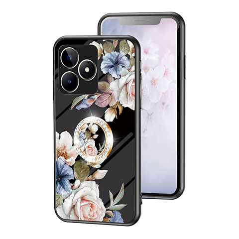 Realme C53用ハイブリットバンパーケース プラスチック 鏡面 花 カバー S01 Realme ブラック