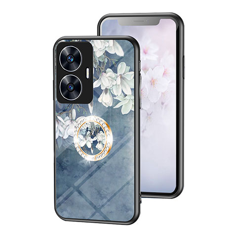 Realme C55用ハイブリットバンパーケース プラスチック 鏡面 花 カバー S01 Realme ネイビー