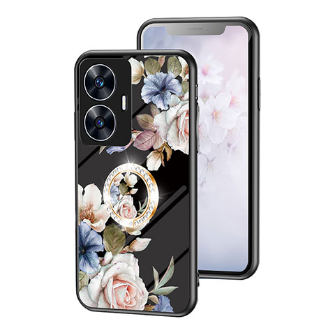 Realme C55用ハイブリットバンパーケース プラスチック 鏡面 花 カバー S01 Realme ブラック