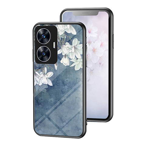 Realme C55用ハイブリットバンパーケース プラスチック 鏡面 花 カバー Realme ネイビー