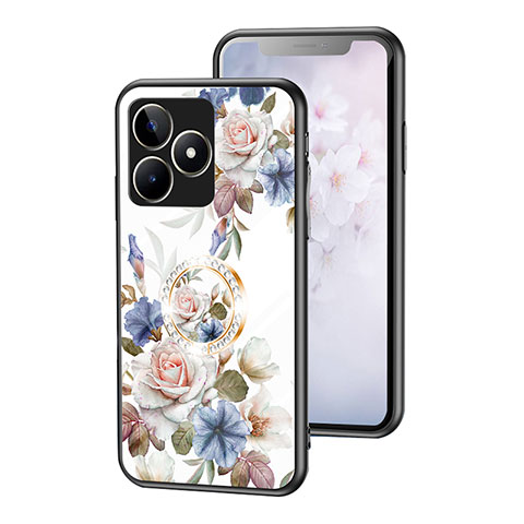 Realme C67用ハイブリットバンパーケース プラスチック 鏡面 花 カバー S01 Realme ホワイト