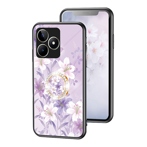 Realme C67用ハイブリットバンパーケース プラスチック 鏡面 花 カバー S01 Realme ラベンダー