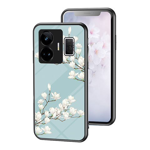 Realme GT5 5G用ハイブリットバンパーケース プラスチック 鏡面 花 カバー Realme シアン