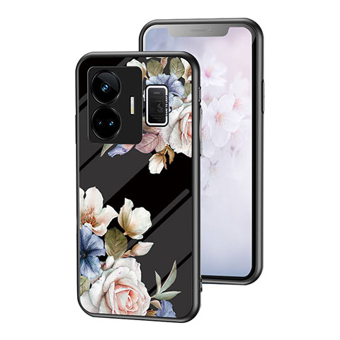 Realme GT5 5G用ハイブリットバンパーケース プラスチック 鏡面 花 カバー Realme ブラック