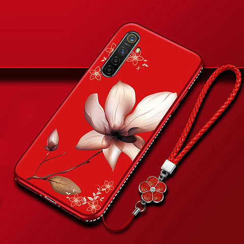 Realme X2用シリコンケース ソフトタッチラバー 花 カバー Realme ワインレッド