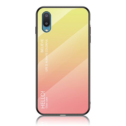 Samsung Galaxy A02用ハイブリットバンパーケース プラスチック 鏡面 虹 グラデーション 勾配色 カバー LS1 サムスン イエロー