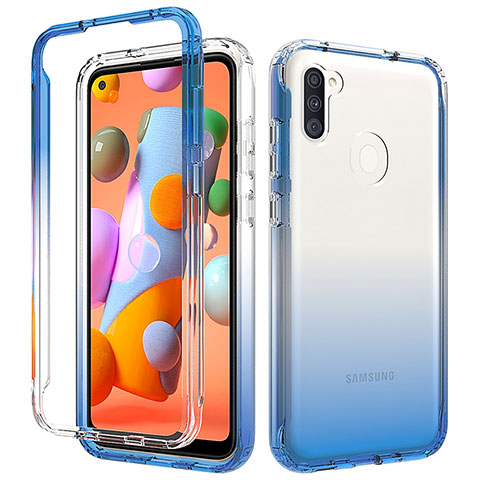 Samsung Galaxy A11用前面と背面 360度 フルカバー 極薄ソフトケース シリコンケース 耐衝撃 全面保護 バンパー 勾配色 透明 サムスン ネイビー