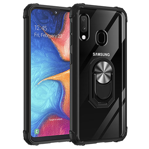 Samsung Galaxy A20e用ハイブリットバンパーケース プラスチック アンド指輪 マグネット式 MQ2 サムスン シルバー・ブラック